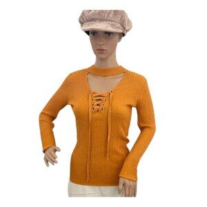 Questions Orange Ribbed Lace-Up Sweater with Front Cutout - Size S